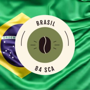 Etiqueta de café de Brasil con puntuación 84 SCA sobre fondo de la bandera brasileña