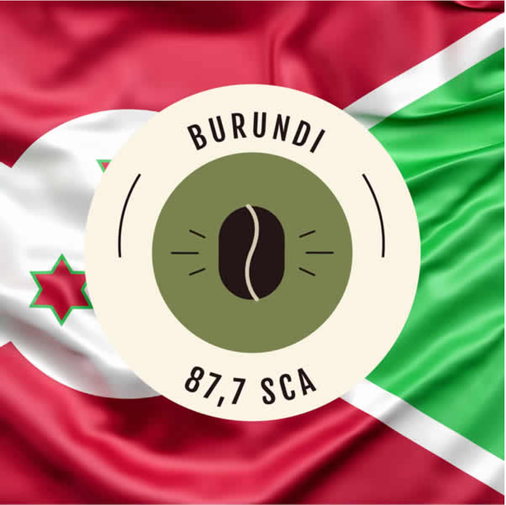 Emblema de café de Burundi sobre la bandera nacional con puntuación 87,7