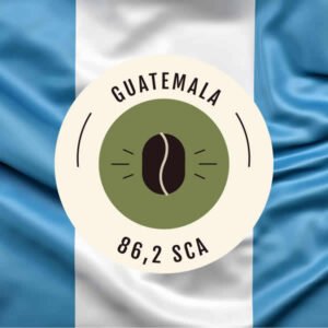 Etiqueta de café de Guatemala con puntuación 86,2 SCA sobre fondo de bandera guatemalteca