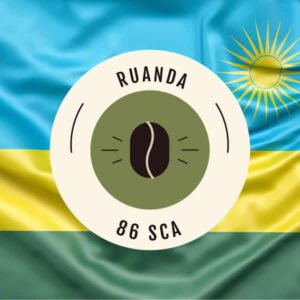 Etiqueta de café Ruanda 86 SCA con fondo de la bandera ruandesa