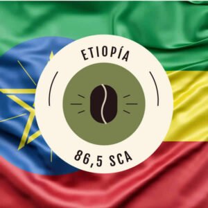 Café de Etiopía con puntuación 86,5 SCA sobre la bandera etíope