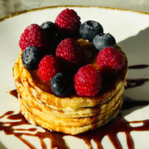 Tortitas americanas con sirope de chocolate y frutos rojos