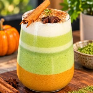 Pumpkin Spice Matcha Latte con crema de calabaza, matcha, crema de leche, canela y anís estrellado en Tanka’s Huelva.