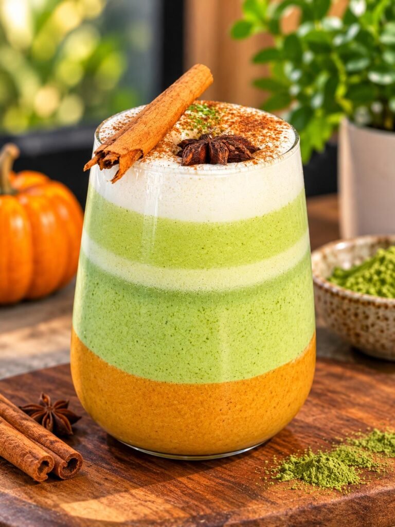 Pumpkin Spice Matcha Latte con crema de calabaza, matcha, crema de leche, canela y anís estrellado en Tanka’s Huelva.